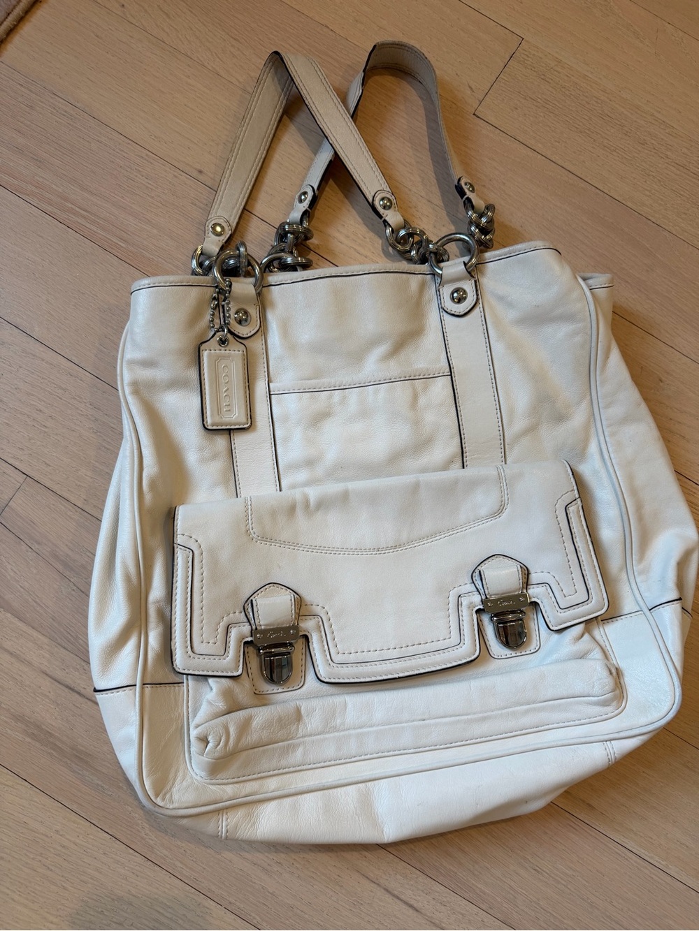 Coach Poppy Pushlock Tote with Front Flap Pocket.